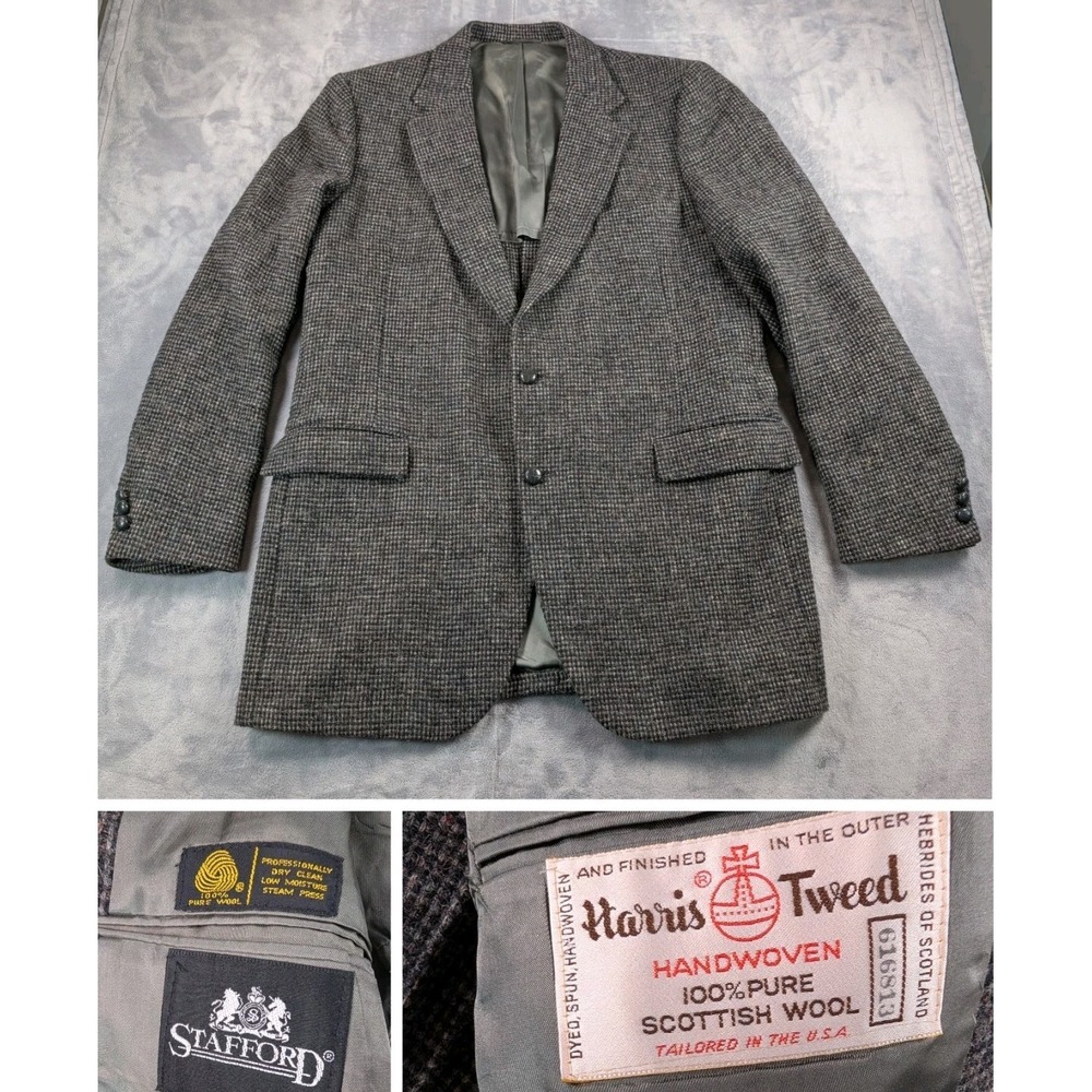 Harris Tweed Blazer Jacket Mens 46R Check Brown Woven 100% Pure Scottish Wool